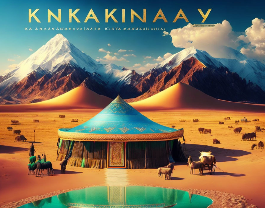 Traditional yurt in desert landscape with snow-capped mountains, camels, and animals.