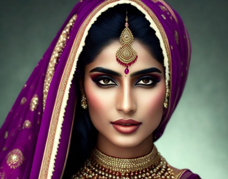 Traditional Indian Bridal Portrait with Ornate Attire and Jewelry