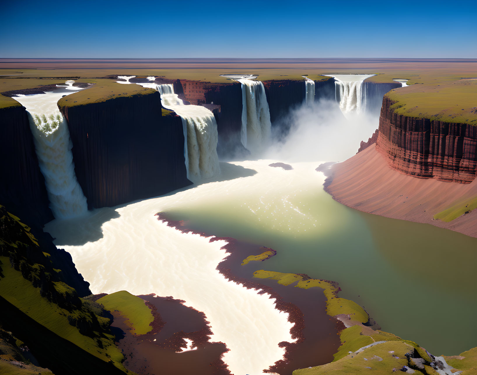 Majestic waterfall system with cascades, cliffs, and greenery