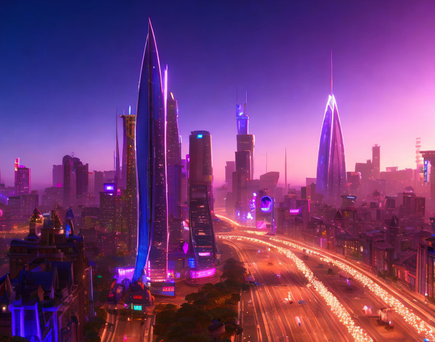 Futuristic twilight cityscape with neon lights and skyscrapers