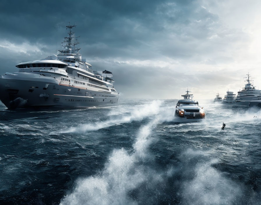 Luxury yachts and jet ski in stormy sea scenery