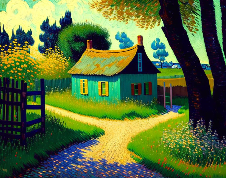 Scenic painting of quaint house with thatched roof and lush surroundings