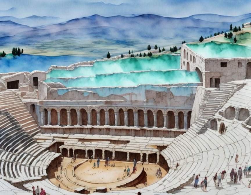 Ancient amphitheater watercolor painting with visitors and hills.