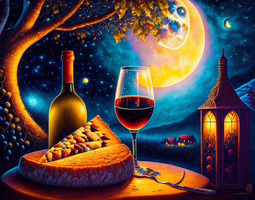 Moonlit still life: wine, cheese, tree, lantern, cottages - serene ambiance