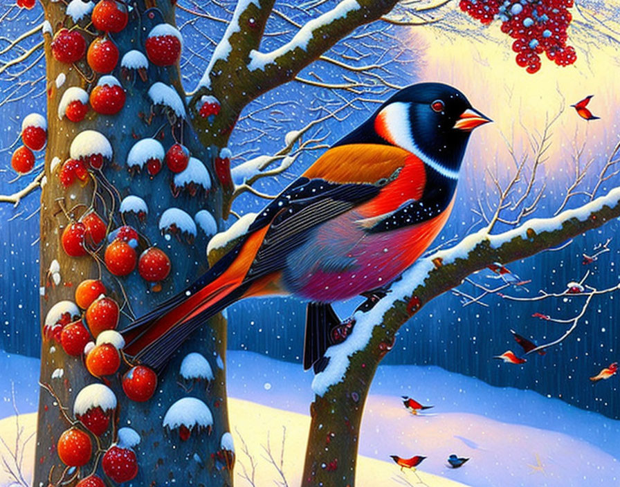 Colorful bird with black, orange, black and white wings in snowy winter scene