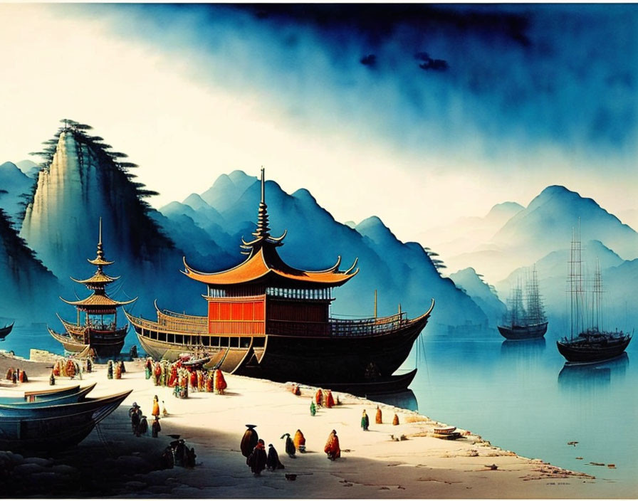 Traditional Asian boats near pagoda, people in vibrant attire, misty mountains.