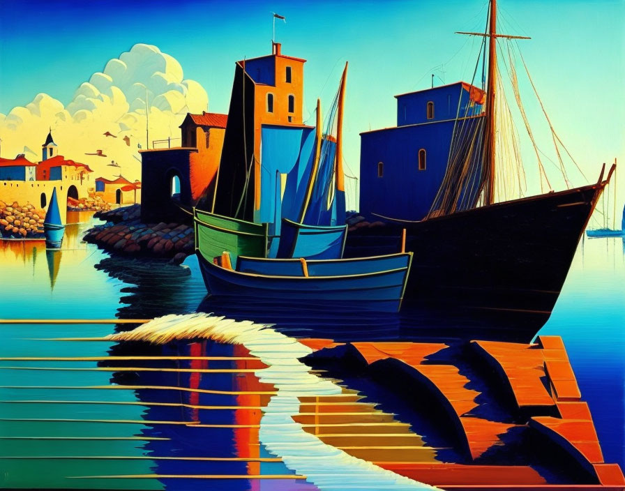 Colorful painting of boats in harbor with exaggerated colors and stylized reflections, depicting coastal village under blue