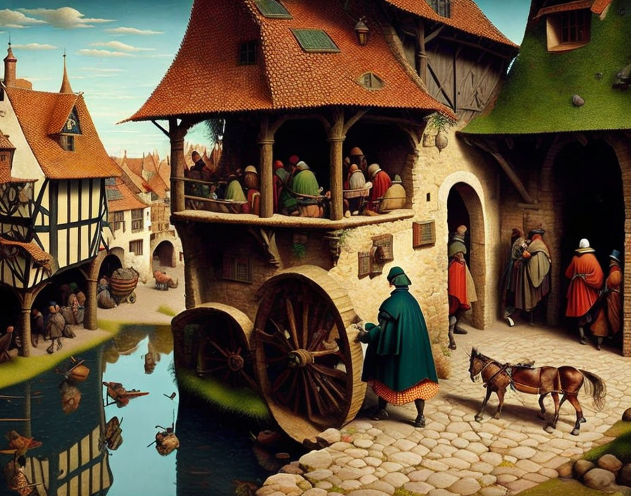 Medieval village scene with townsfolk and half-timbered houses