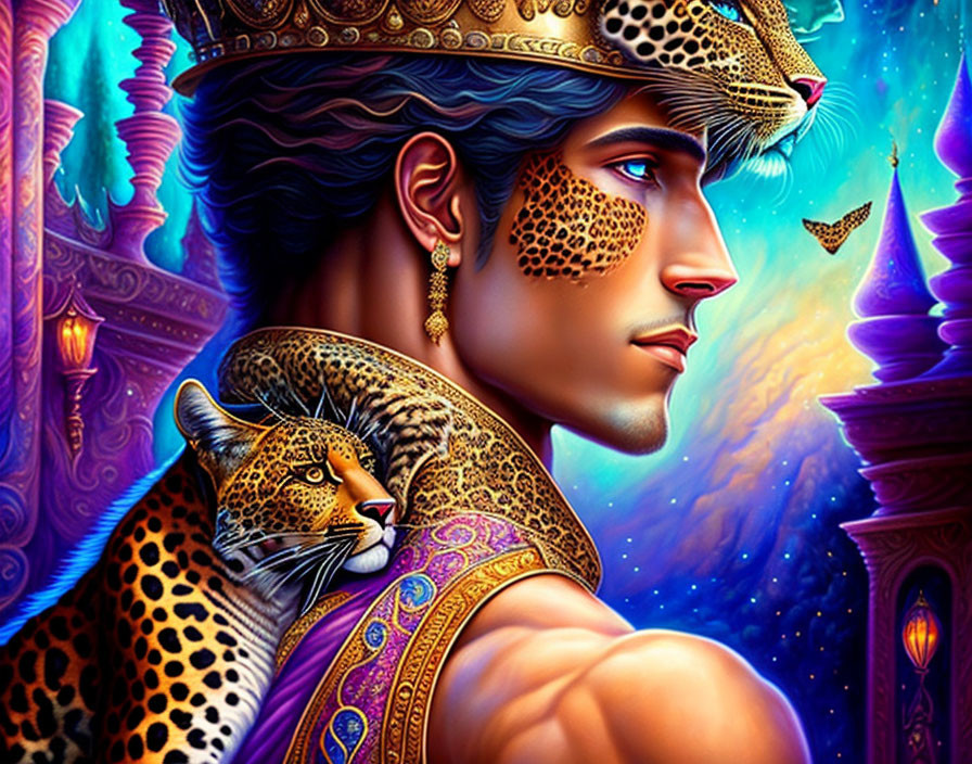 Regal man with jeweled turban and leopard in vibrant digital artwork