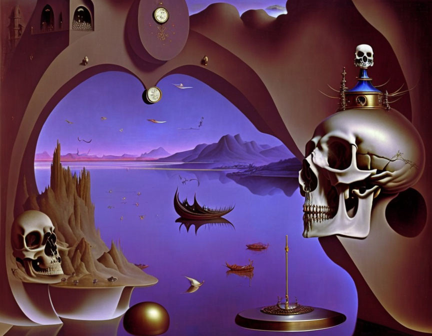 Surreal painting: Large skull illusion, floating objects, clocks, calm seascape, distant mountains