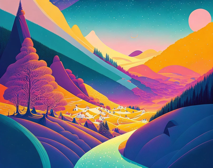 Colorful Illustration of Whimsical Landscape with Village and Pink Moon