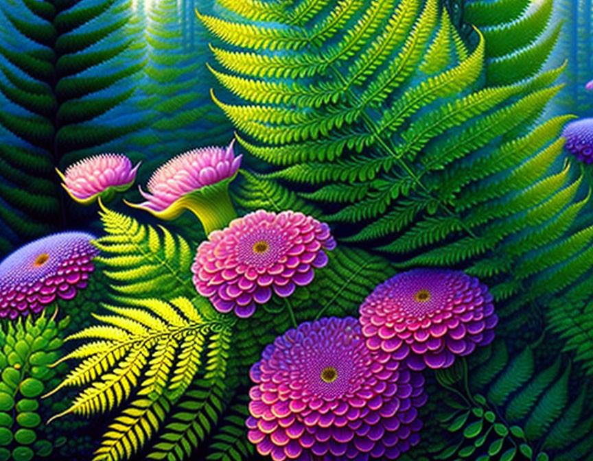 Colorful digital artwork of green ferns and purple flowers with glowing light gradient