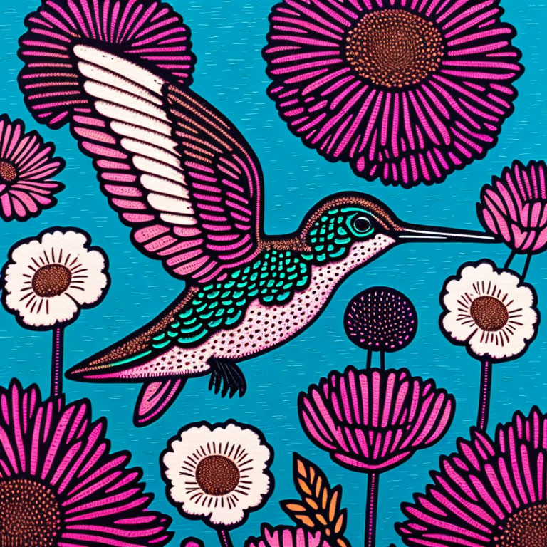 Colorful Hummingbird Flying Among Pink and White Daisies on Turquoise Background