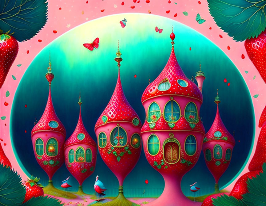 Whimsical fairy tale castle with pink towers and butterflies