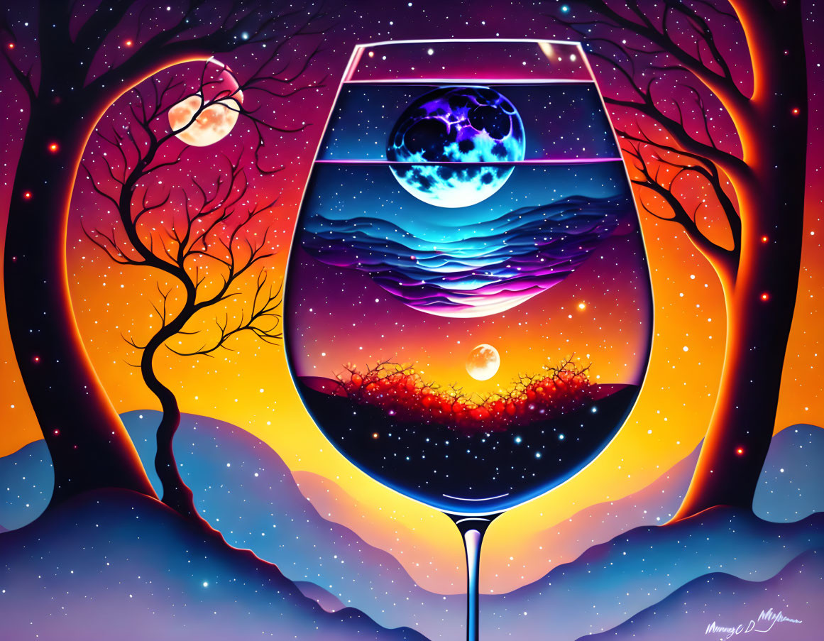 Colorful Wine Glass Illustration with Surreal Seascape and Cosmic Sky