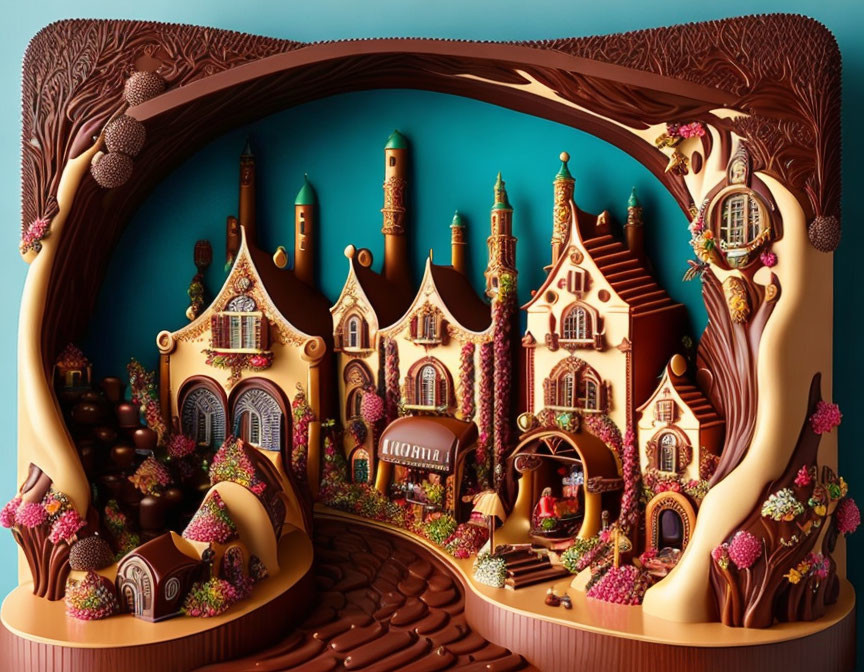 Detailed Chocolate Fantasy Village Illustration with Candy Houses