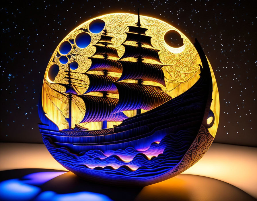 Carved Spherical Lamp with Sailing Ship Design and Illuminated Glow