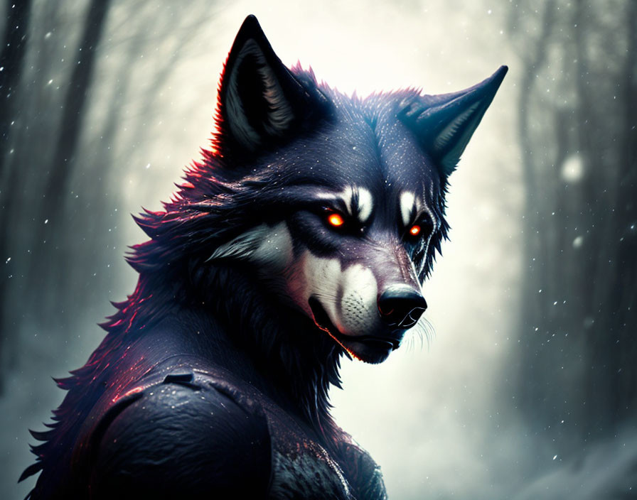 Black Wolf with Glowing Red Eyes in Snowy Forest