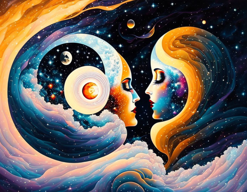 Colorful cosmic artwork featuring profile faces in a yin-yang cosmic scene.