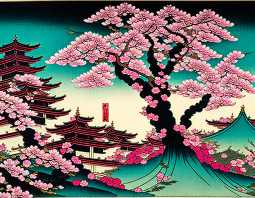 Japanese Art: Cherry Blossom Tree & Pagoda Scene