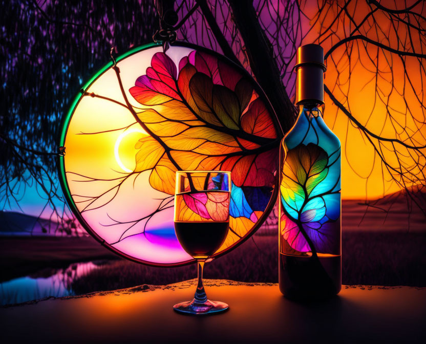 Colorful still-life with wine bottle, glass, and leaf-patterned panel against sunset lake backdrop