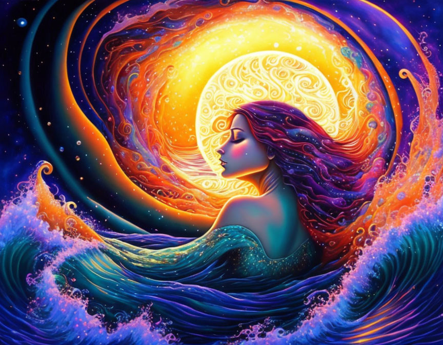 Colorful painting of woman with wavy hair merging into ocean against cosmic background