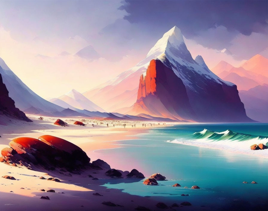 Serene beach scene with turquoise waves and monolithic mountain