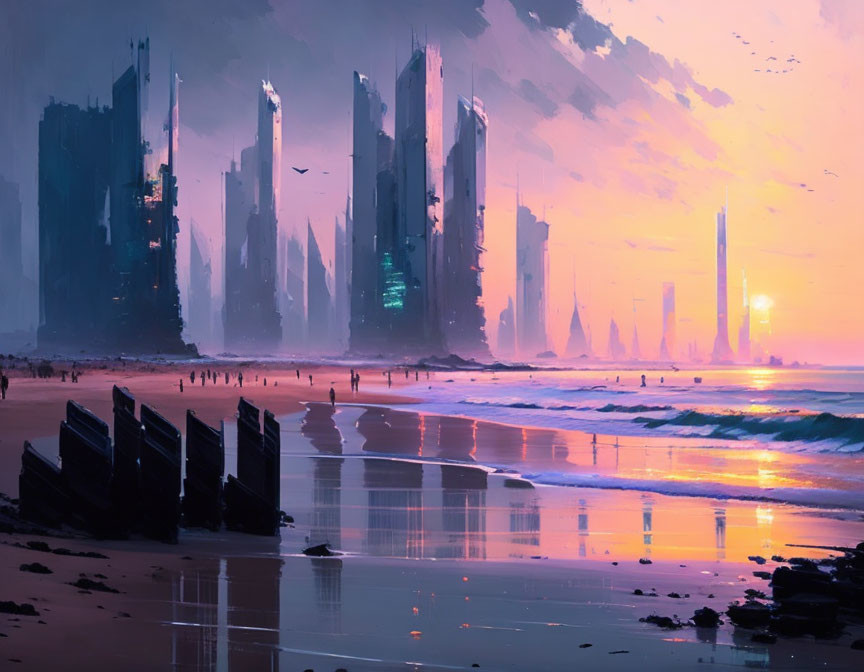 Futuristic cityscape at sunset with skyscrapers and people by the shoreline