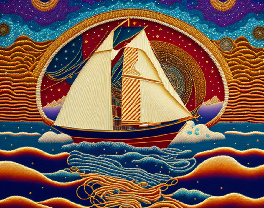 Colorful surrealist painting of sailing ship on cosmic seas