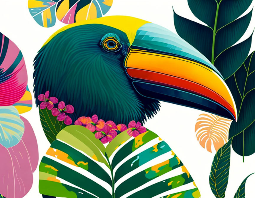 Vibrant Toucan Illustration Among Tropical Flora