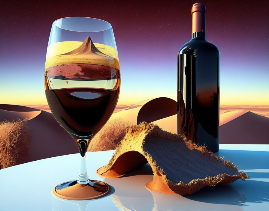 Surreal desert landscape reflection with wine glass, bottle, and pouring sand book