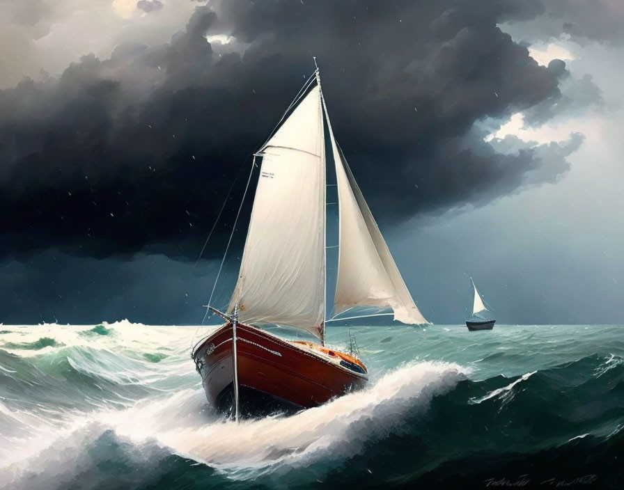 White sailboat navigating choppy green ocean under stormy sky