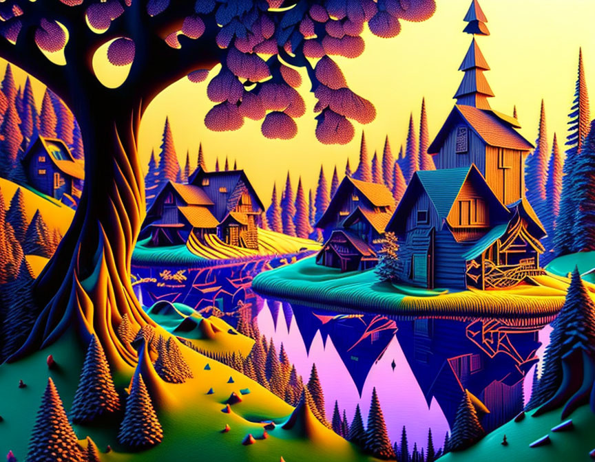 Colorful Stylized Village Illustration with Exaggerated Pine Trees