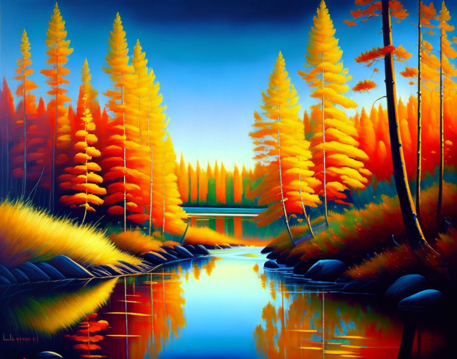 Autumnal forest painting: golden trees, blue river, rocks, serene sky