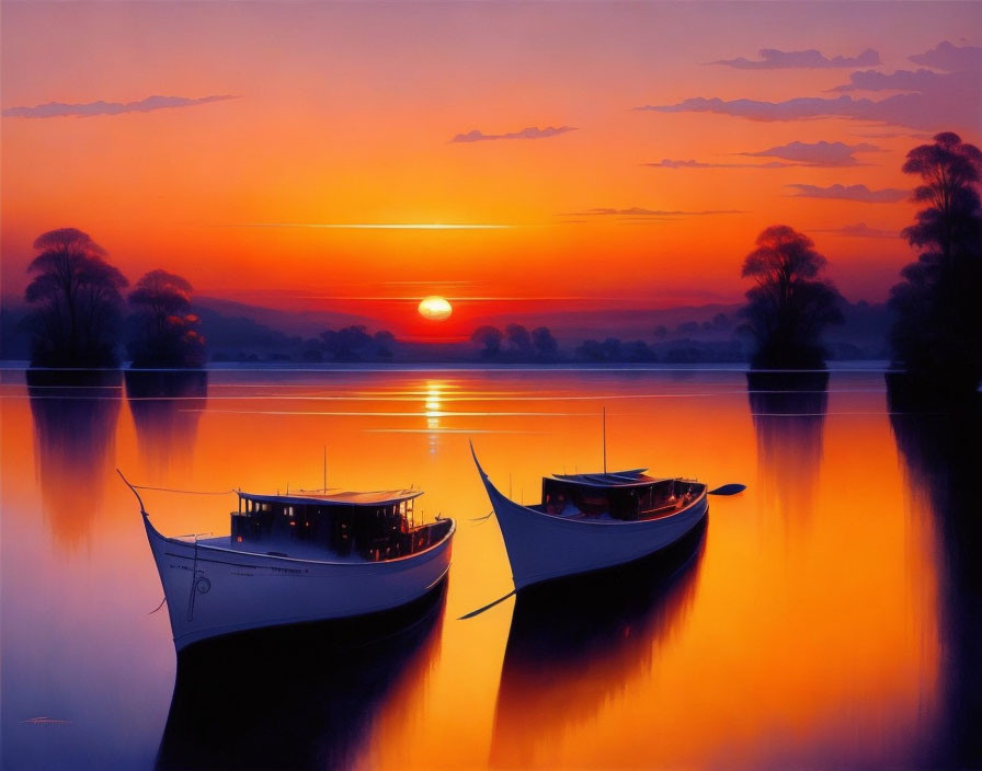 Tranquil sunset scene with boats on calm lake