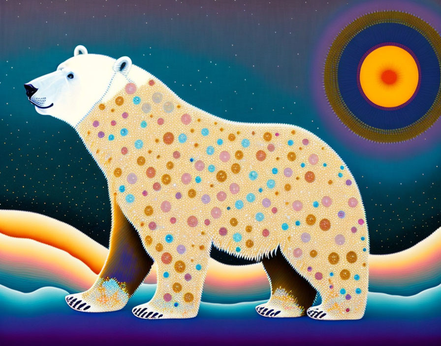 Colorful Polar Bear Artwork Against Cosmic Background with Sun Circle