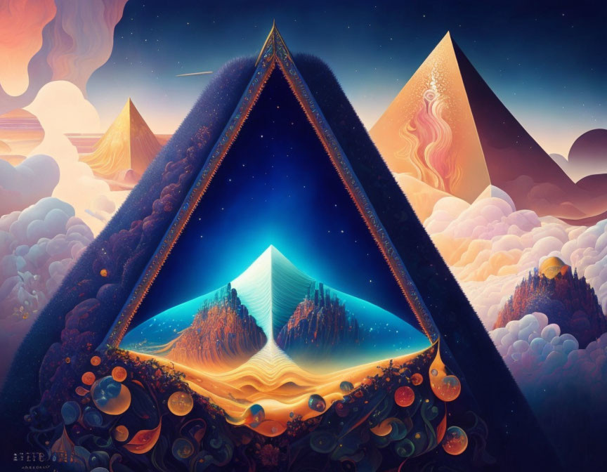 Surreal landscape with triangular portals and starry skies