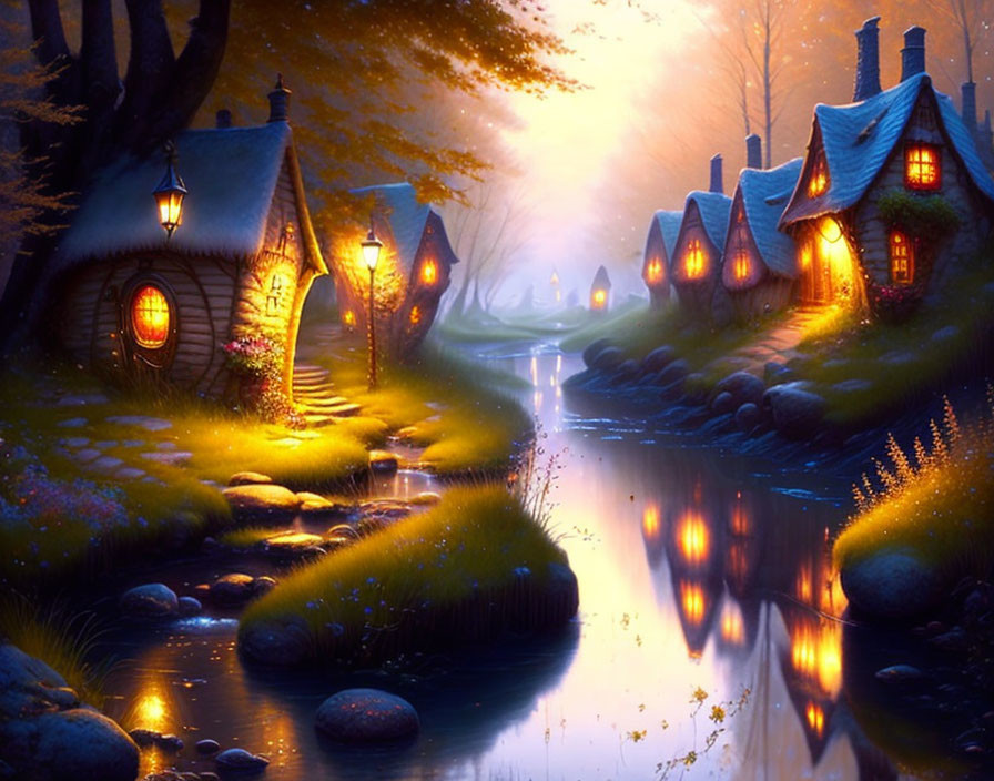 Twilight scene with cozy cottages along serene river