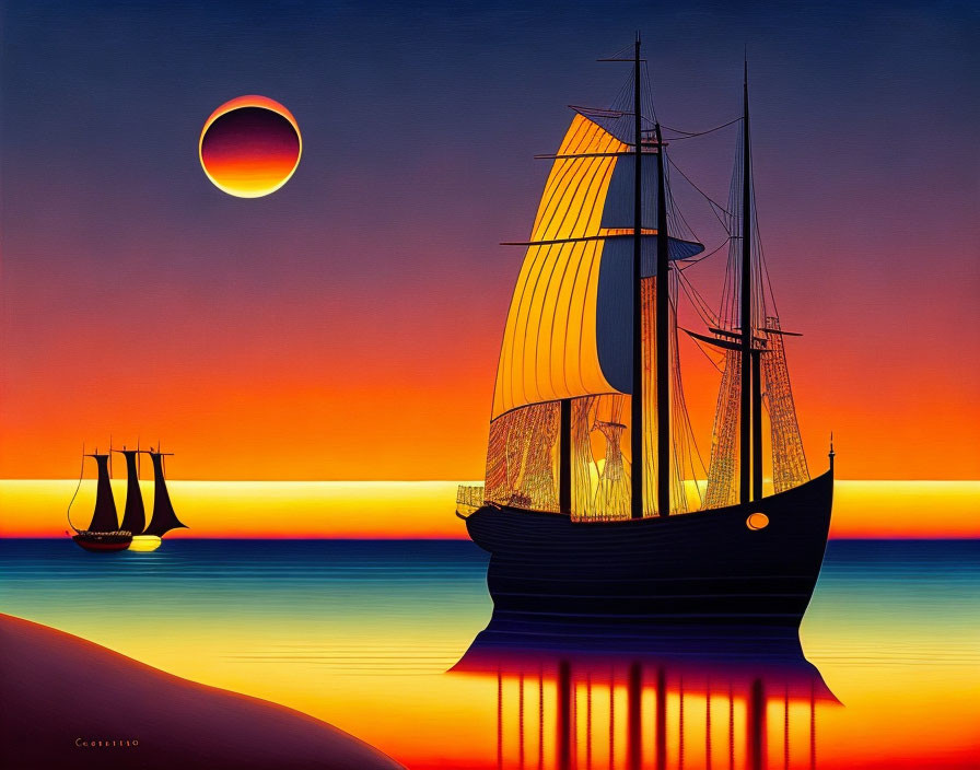 Digital art: Stylized sailing ships on calm sea with vivid sunset & crescent moon