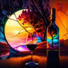 Colorful still-life with wine bottle, glass, and leaf-patterned panel against sunset lake backdrop