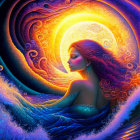 Colorful painting of woman with wavy hair merging into ocean against cosmic background