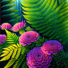 Colorful digital artwork of green ferns and purple flowers with glowing light gradient