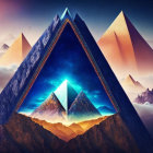 Surreal landscape with triangular portals and starry skies