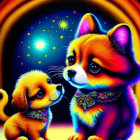 Neon-colored digital artwork of two stylized dogs with cosmic background