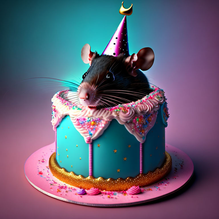 Mouse with party hat popping out of birthday cake on colorful background