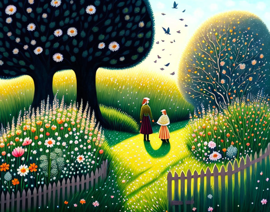 Colorful Illustration: Two Figures in Vibrant Garden