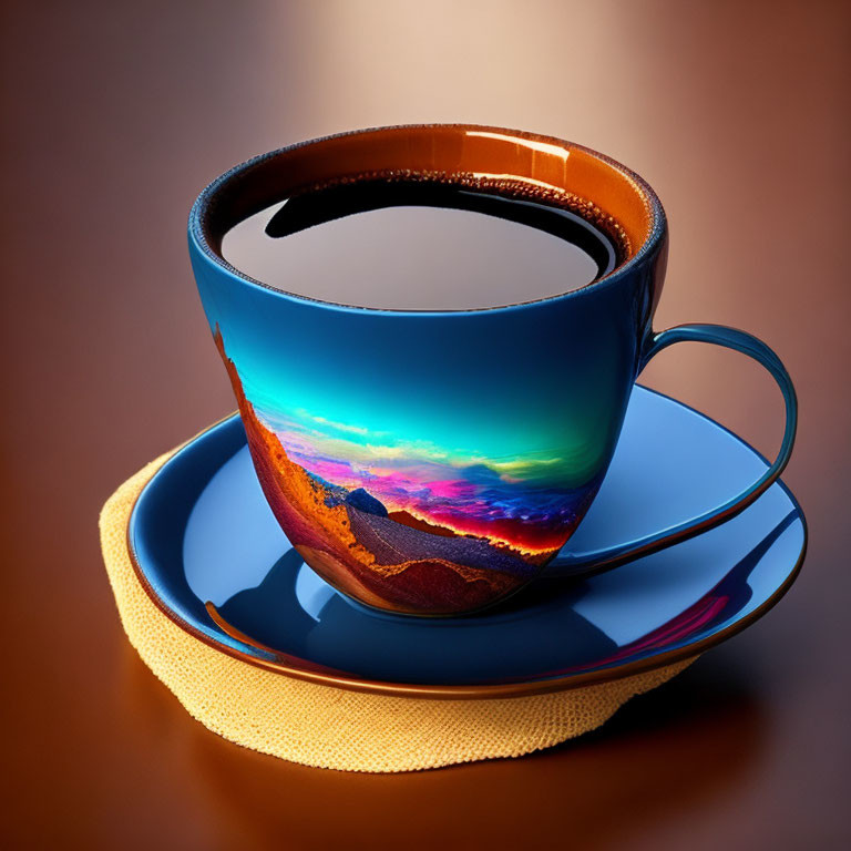 Blue coffee cup with landscape design on saucer with golden spoon - brown surface