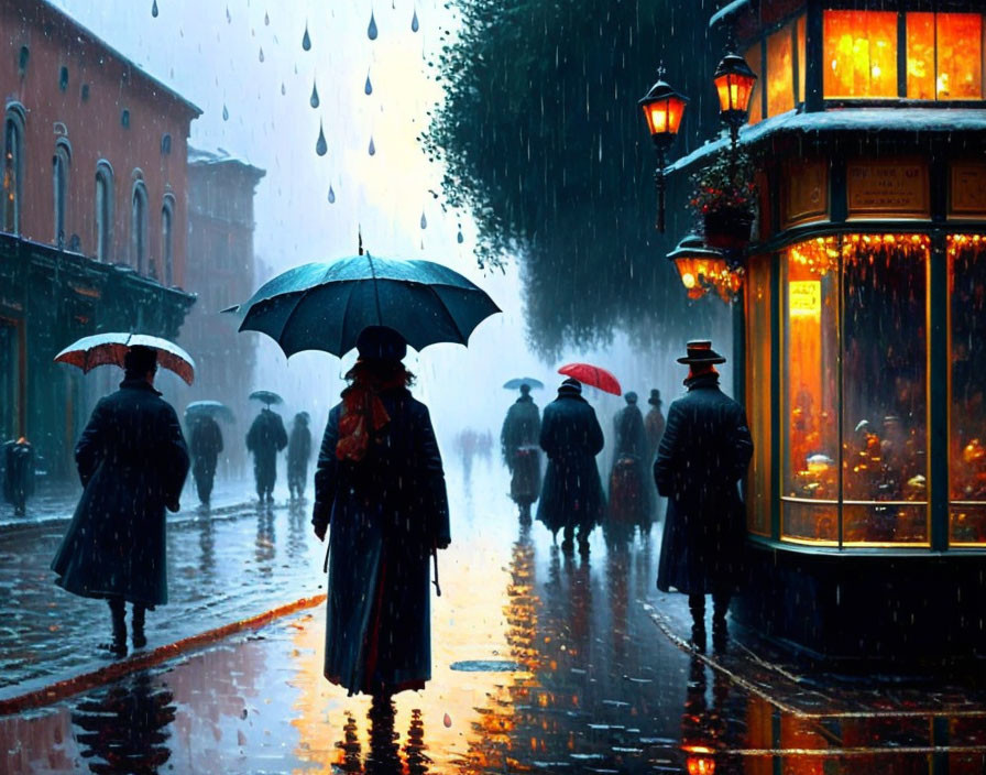 City scene: pedestrians with umbrellas on rainy evening under street lamp and shop lights