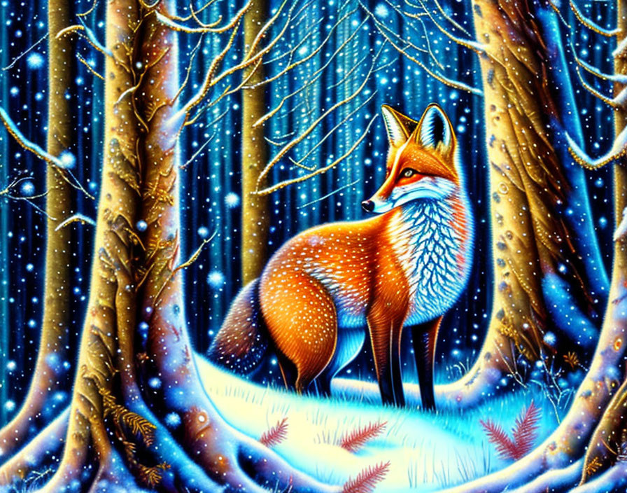 Colorful Fox in Snowy Forest with Stars and Blue Hues