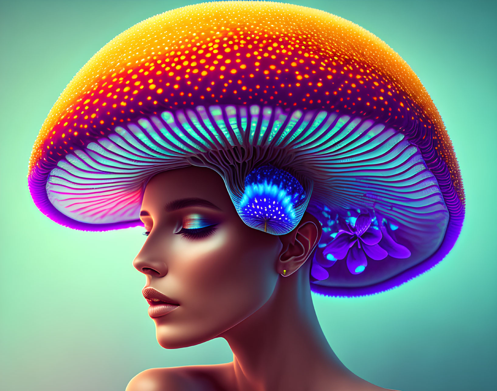 Colorful digital artwork: Woman with mushroom cap profile surrounded by luminous flora